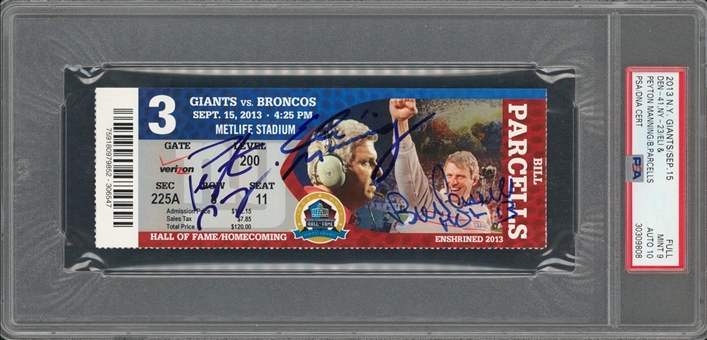2013 Peyton Manning, Eli Manning, and Bill Parcells Triple Signed Sept 15 Giants vs Broncos Full Ticket (PSA/DNA MINT 9 AUTO 10)